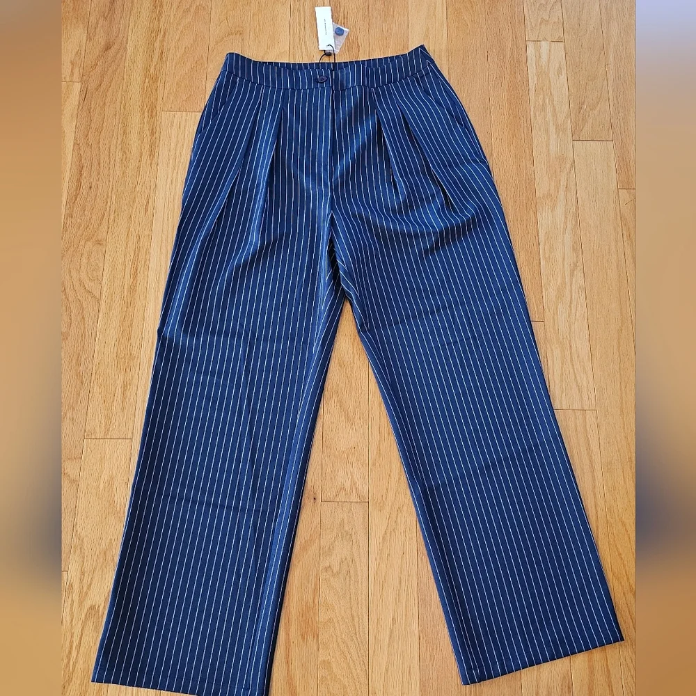 Commense Navy Pinstripe Pleated Wide-Leg Pants NWT Size Large-mango-zara-H&M - Picture 6 of 6